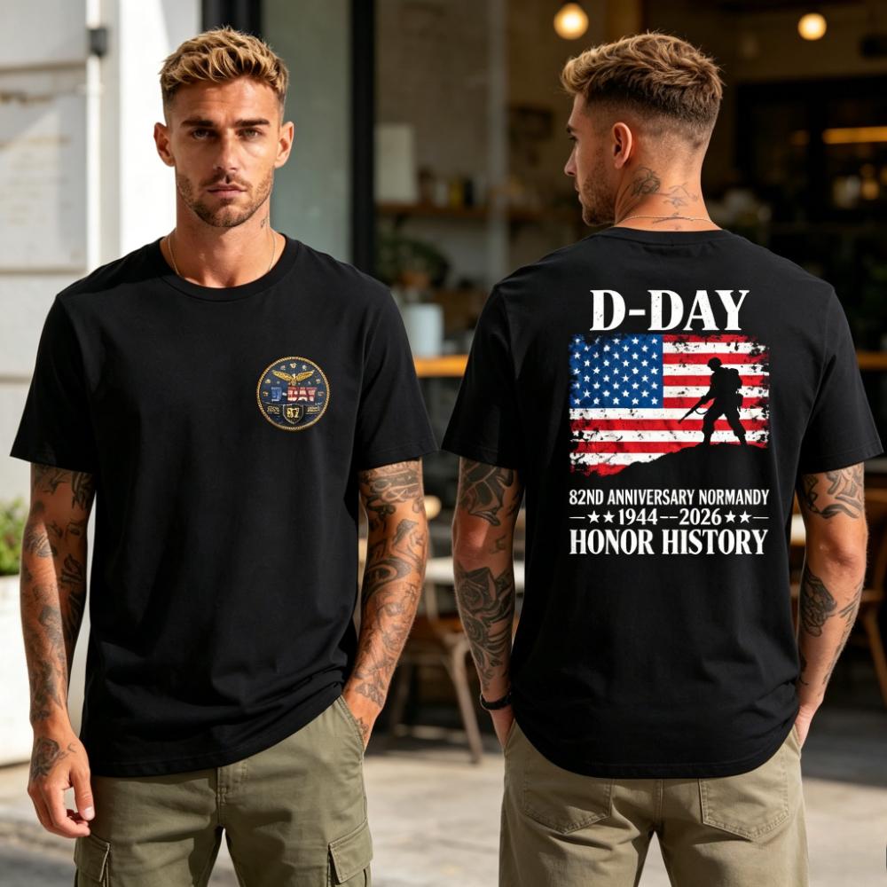 Men DDay 82nd Anniversary 19442026 TShirt Normandy Honor History US Flag Soldier Print DoubleSided Casual Cotton Tee Tops