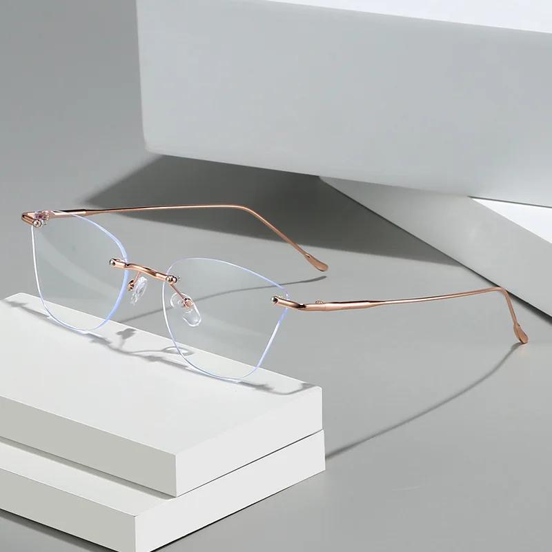 Women'S Ins Style Myopia Glasses New Fashionable Rimless Beveled-Edge Blue Light Blocking Minus Diopter Eyeglasses 0 To -4.0