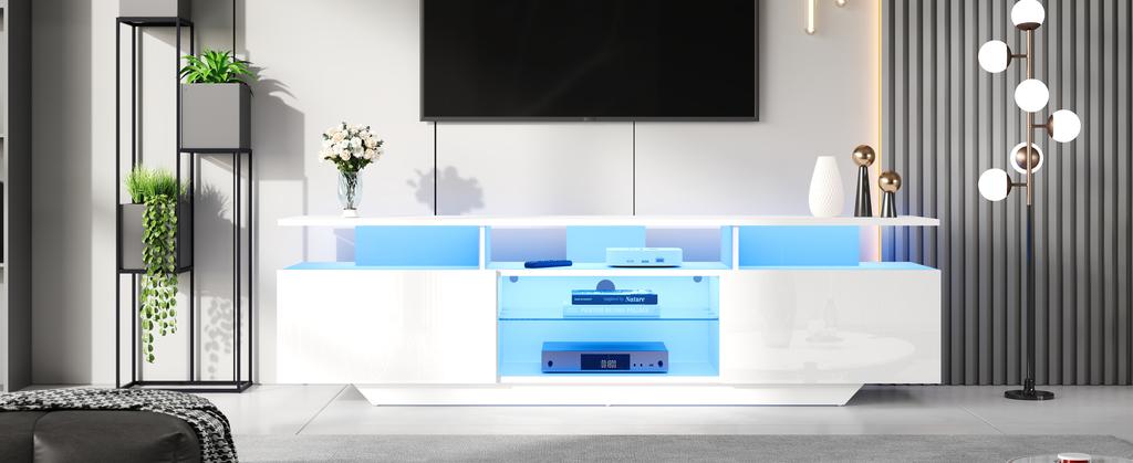 160*40*45cm TV Stand with 2 Cabinets, High-Gloss TV Cabinet with LED Light Strip, Modern TV Entertainment Center with 8 Shelves, MDF, 70-Inch TV