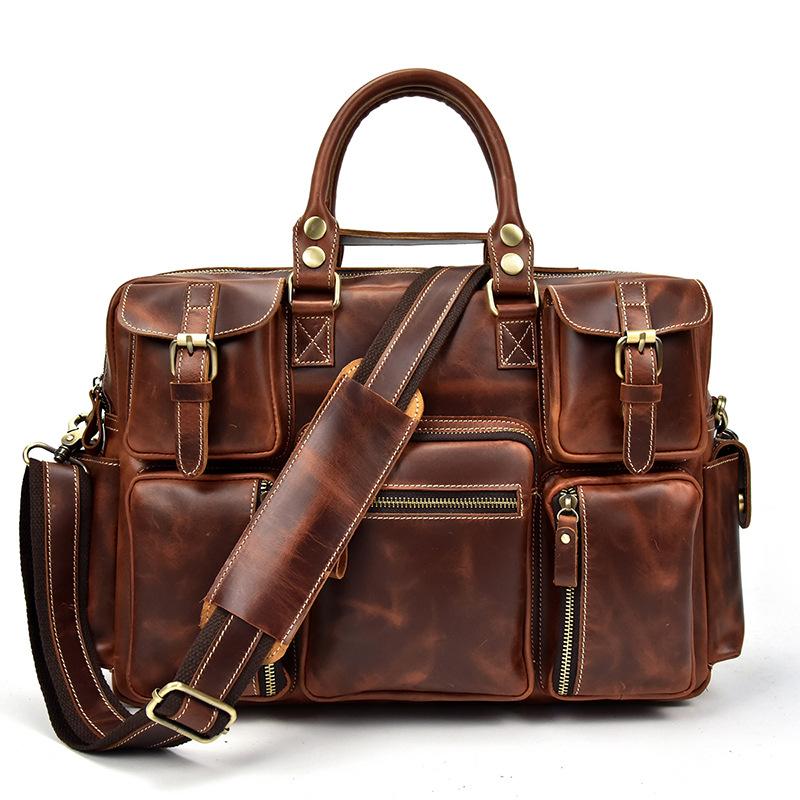 

Vintage Men Crazy Horse Leather Briefcase Large Laptop Genuine Leather Business Bag Work Tote Travel Bag Cowhide Messenger Bag