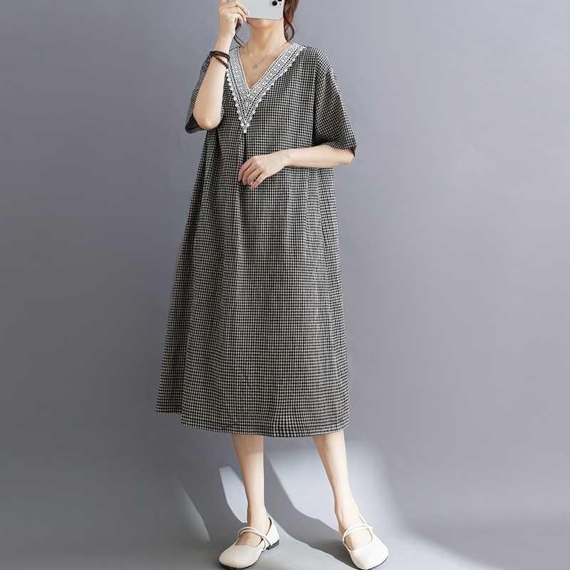 Summer Retro Cotton Linen Lace Cotton Linen Plaid Dress