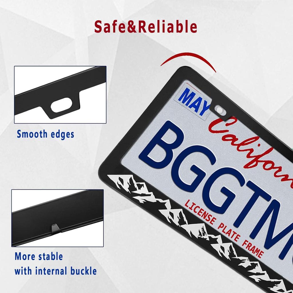 BGGTMO Mounta License Plate Frame- Black Aluminum Car Tag Cover Holder With Stainless Steel Screws Caps, Snow Mountain Tree Decal Sticker, 1 Pack 2