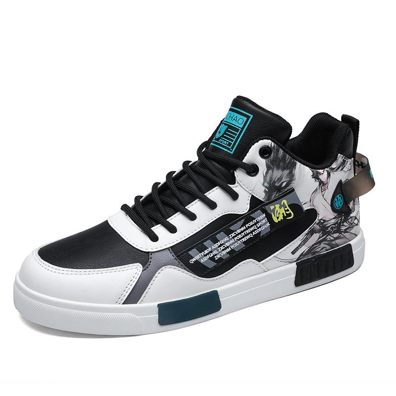 Guochao Men's Shoes Large Size 47 Spring Student High-top Tooling Shoes Men's 46 Graffiti Little White Board Shoes Men's Solid Sole 45