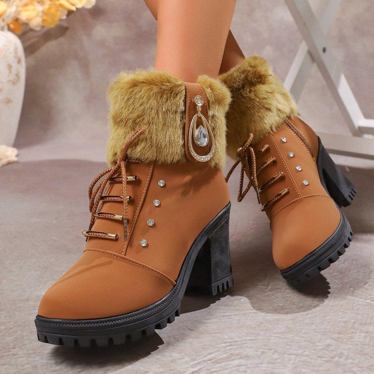 Fashion High Heel Women Platform Snow Boots Fashion Round Toe Side Zipper Short Tube Plush Shoes Crystal Decor Fleece Lined Botas Mujer