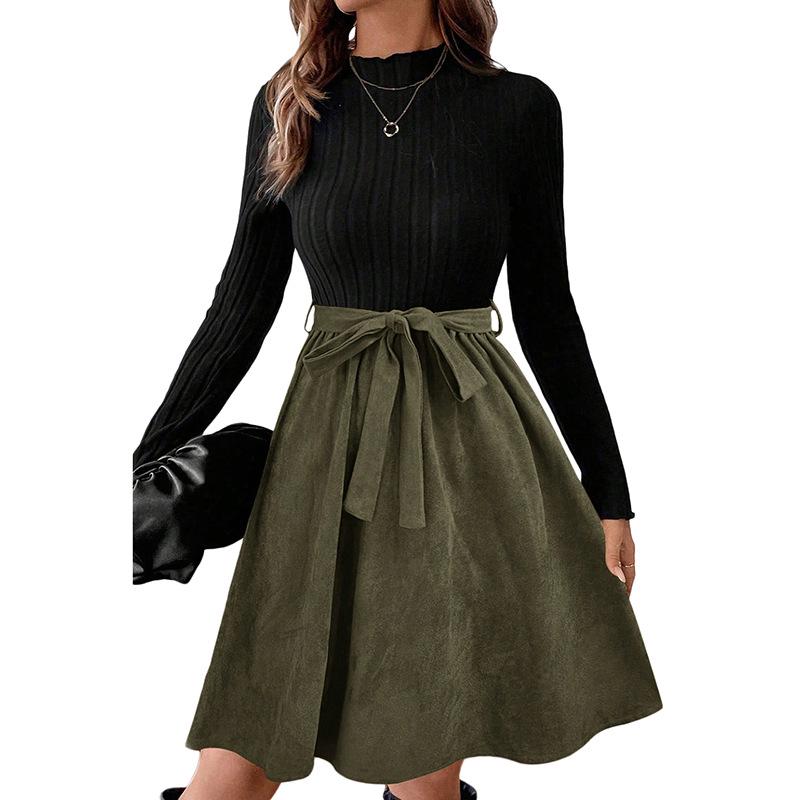 

European & American Fashion: Versatile Color Block Bow Tie Lace-Up Slim Fit Long Sleeve Dress for Women - 2025 Autumn/Winter Collection Size: S