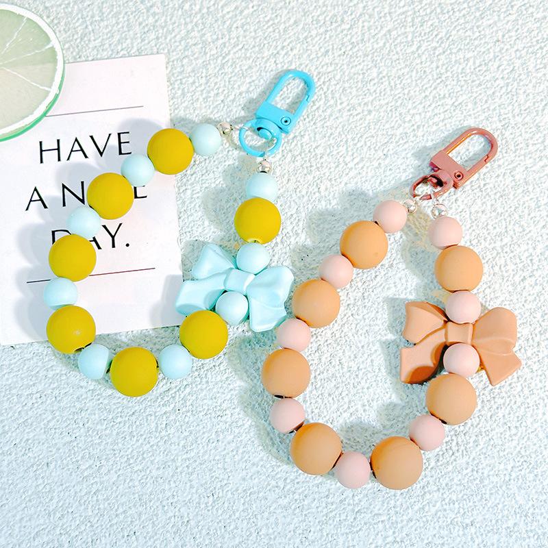 Pink Pearl Bow Keychain Beaded Pendant Anti-Lost Rope Mobile Phone Chain Earphone Bag Car Keychain Backpack Accessory