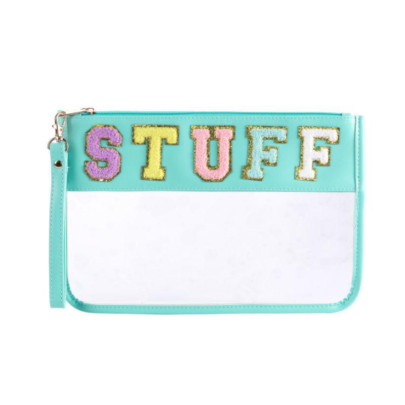 Waterproof PVC Makeup Bag with Embroidered Letter Patch - Large Capacity, Multi-functional for Toiletries & Coin Storage