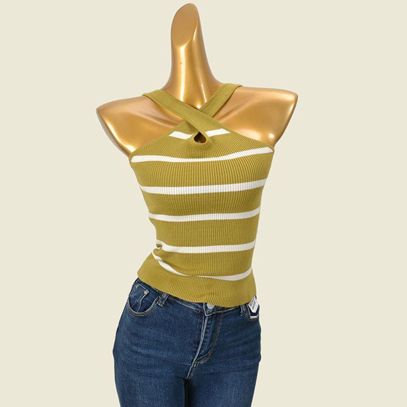 

European and American-Style Slim-Fit Cross Sling off-Shoulder Halter Stripes Olive One size