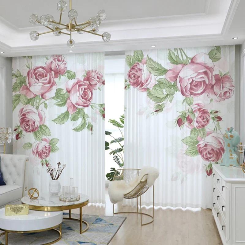 3D Rosa Blume Vorhang Grüne Pflanze Pastoral Dekor Transparenter Sichtschutzvorhang Wohnzimmer Schlafzimmer Bodenlanges Fenster Voile Vorhang