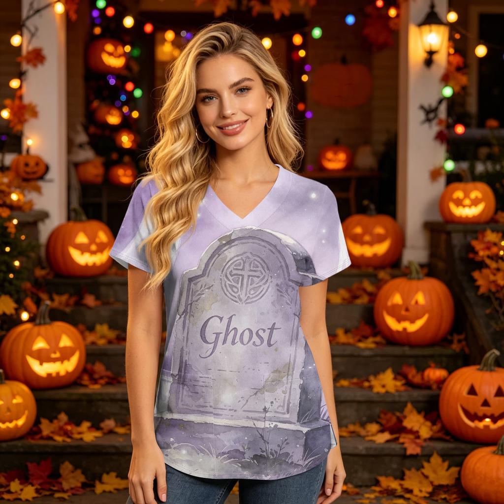 Women V Neck Short Sleeve Top with Pockets Halloween Theme Printed Scrub Shirt for Healthcare Professionals