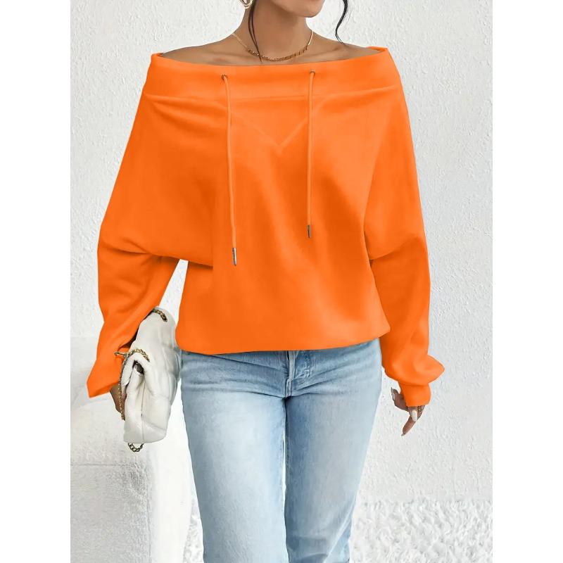 Women's Solid Off Shoulder Sweatshirt Drawstring Batwing Sleeve Top Spring Autumn Casual Streetwear