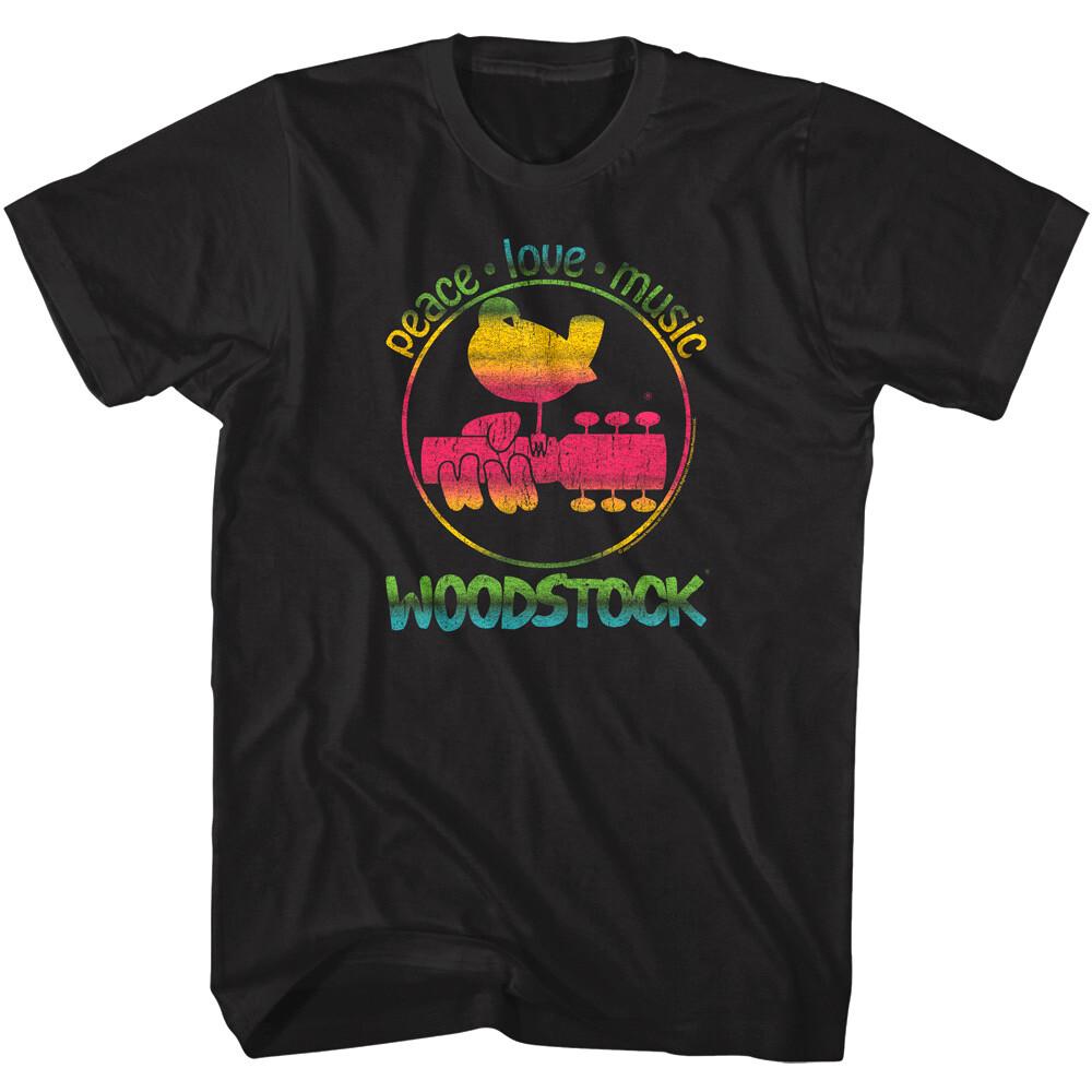 

Woodstock Rainbow Peace Love & Music Men s T Shirt Bird Guitar Hippie Rock S