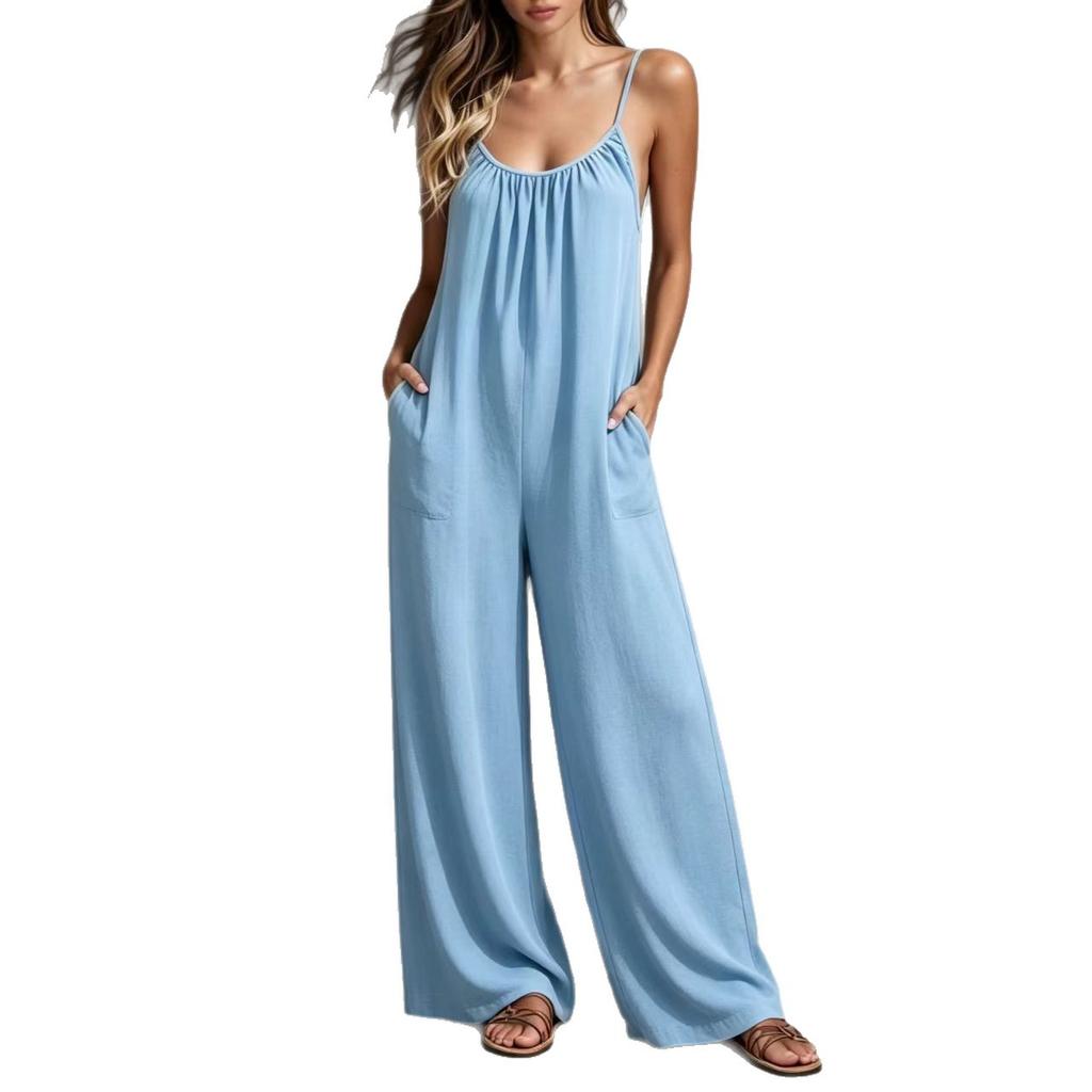 2026 Spring and Summer New European and American Cross-border Women's Clothing Casual Loose Wide-leg with Pockets Seaside Vacation Style Jumpsuit