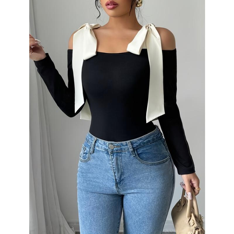 Schwarzes, langärmliges, schmales One-Shoulder-Top für Damen