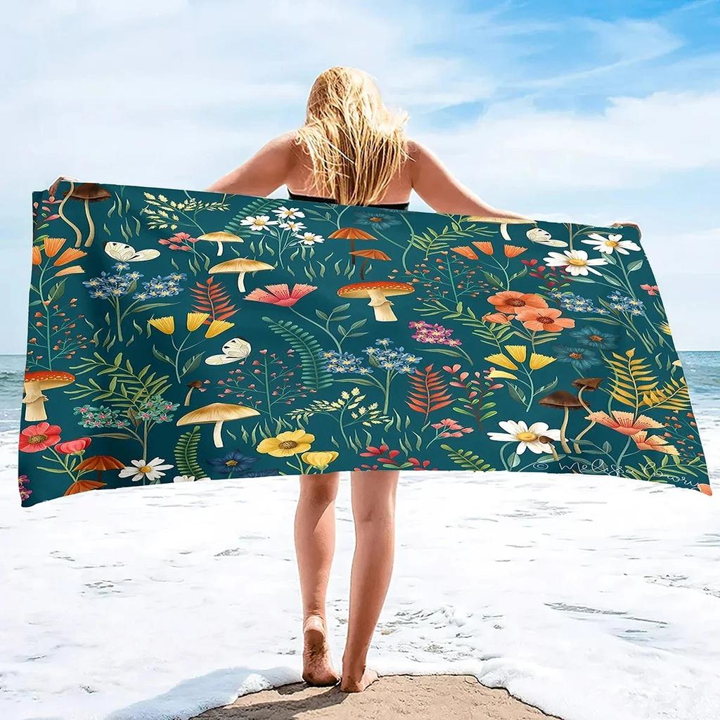 Microfiber Mushroom Beach Towel Wild Flowers Bath Towel Quick Dry Sand Free Hand Towels for Bathroom Travel Yoga Swim Hotel Spa