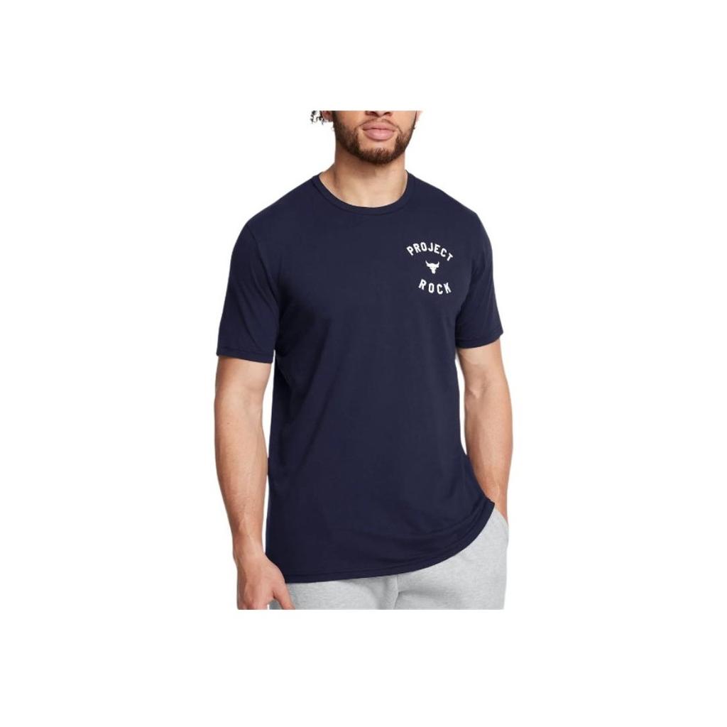 Under Armour Project Rock Training Letter Print Short Sleeve T-Shirt Men Tops Navy-Blue 1386878-410