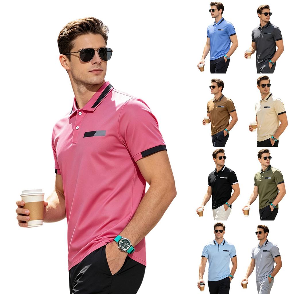 Men's Short Sleeve Polo Shirt Classic Fit Button Down Collar Pocket Design Casual Lightweight Breathable Top for Daily Wear