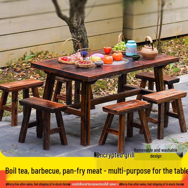 Outdoor Anti-corrosion Fire Pit Tea Table with Solid Wood and BBQ Function, Includes Indoor/Outdoor Chairs for Home Use