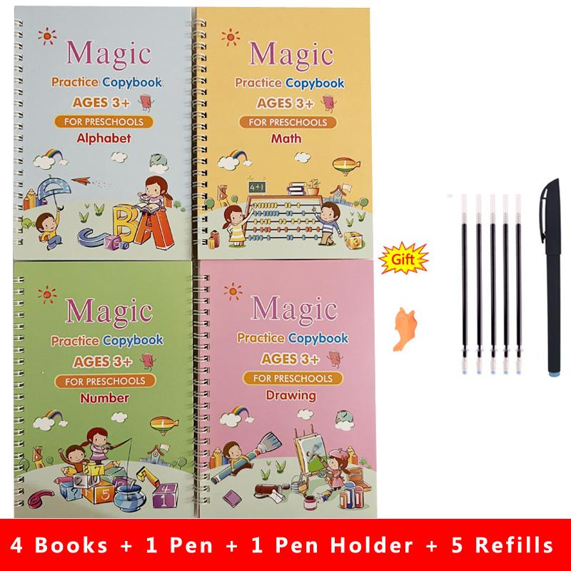 4pcs Children Reusable Writing Book Free Wiping English Verison Kids Calligraphy Magic Practice Copybook Pen Preschools Age 3-8