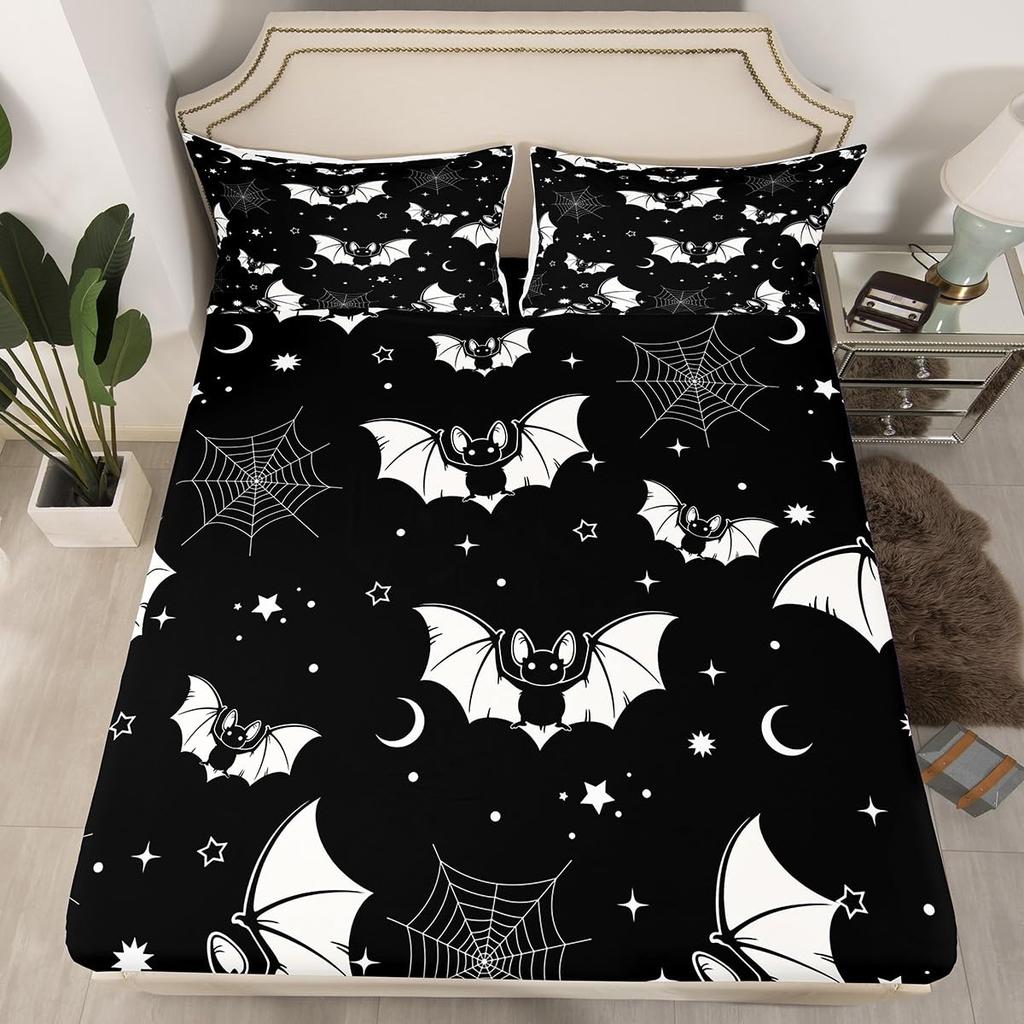 Gothic Spooky Bedding Set Pumpkin Lantern Cute Halloween Bed Sheets for Kids Boys Teens,Ghost Spiderwebs Fitted Sheet Black Cat Cobwebs Bats