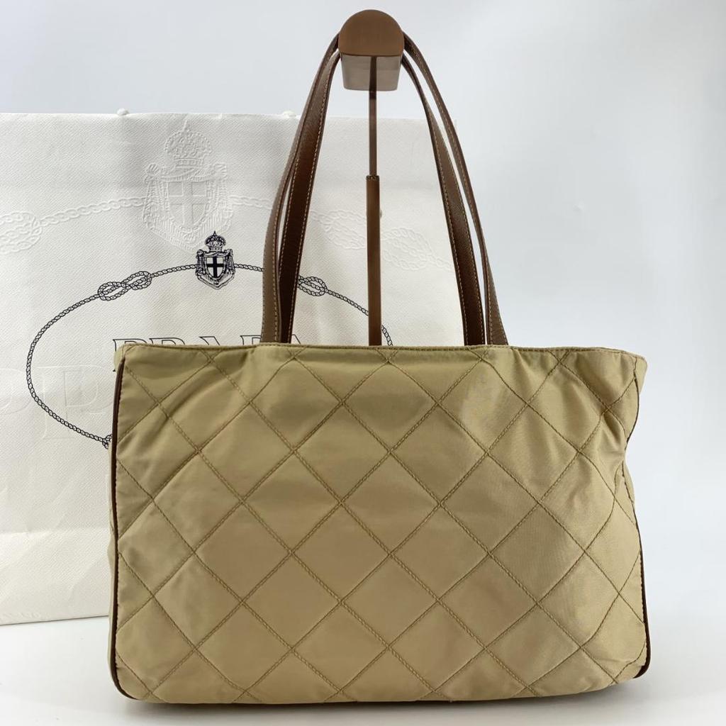 Prada Quilted Tessuto Nylon Tote Boston Bag Handbag One Shoulder Brown Beige Leather Triangle Logo Plate