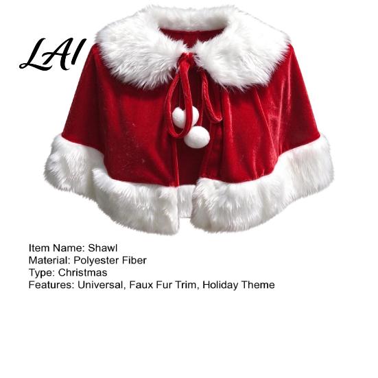 New Year Celebration Cape Christmas Santa for Women Velvet Short Poncho with White Faux Elegant Winter Shrug Fur Trim Red Shawl Holiday Party