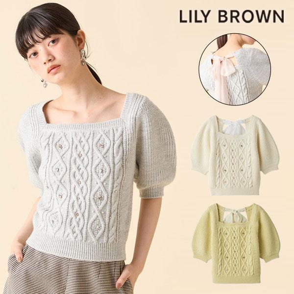 SALE50%OFF LILY BROWN Tops 25 Autumn/Winter [L.B CANDY STOCK] Chiffon Ribbon Bijou Knit Tops Short Sleeve Mid Length lwnt254810