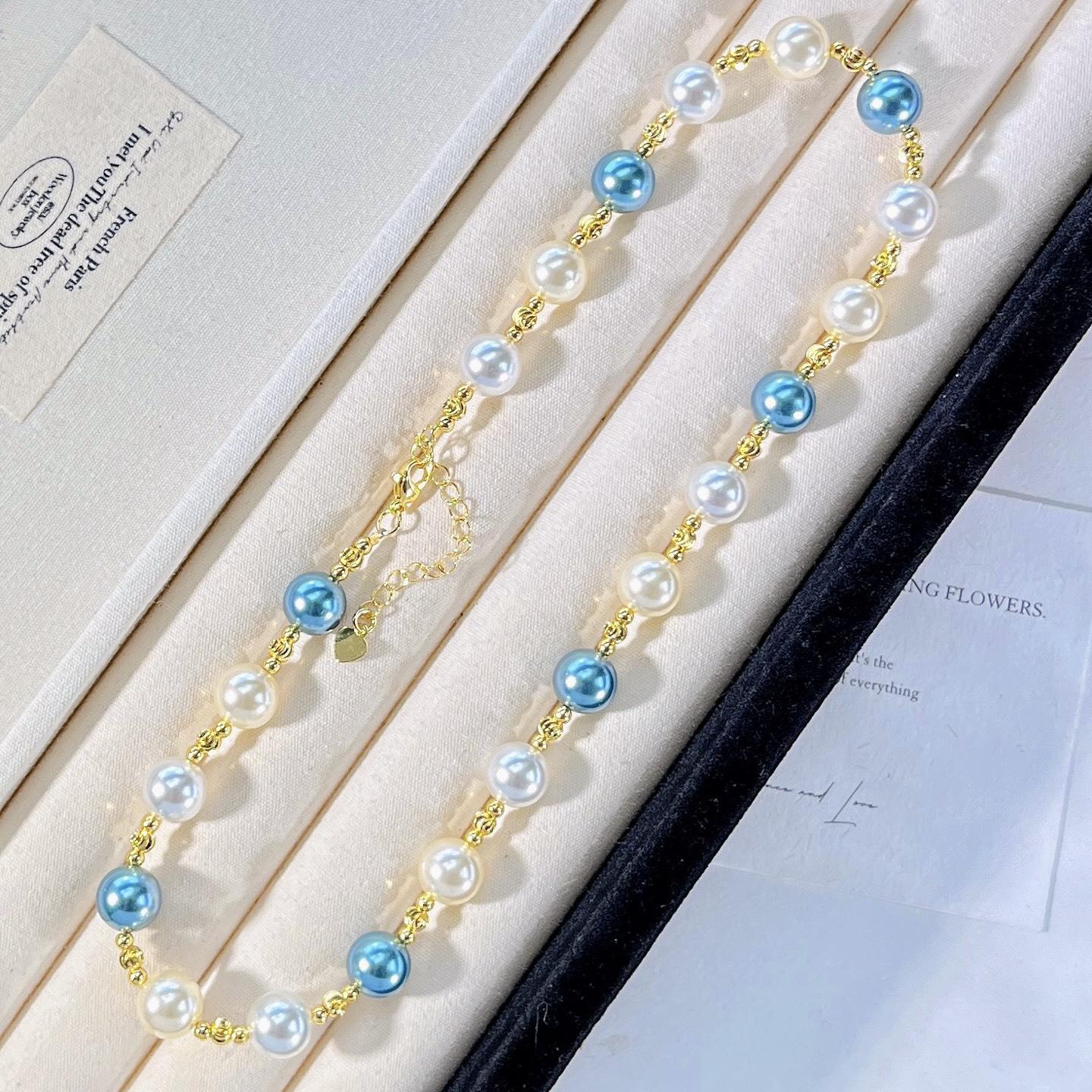 Haute Couture Design Sense Peacock Blue Mixed Color Artificial Crystal Pearl Necklace Collarbone Chain