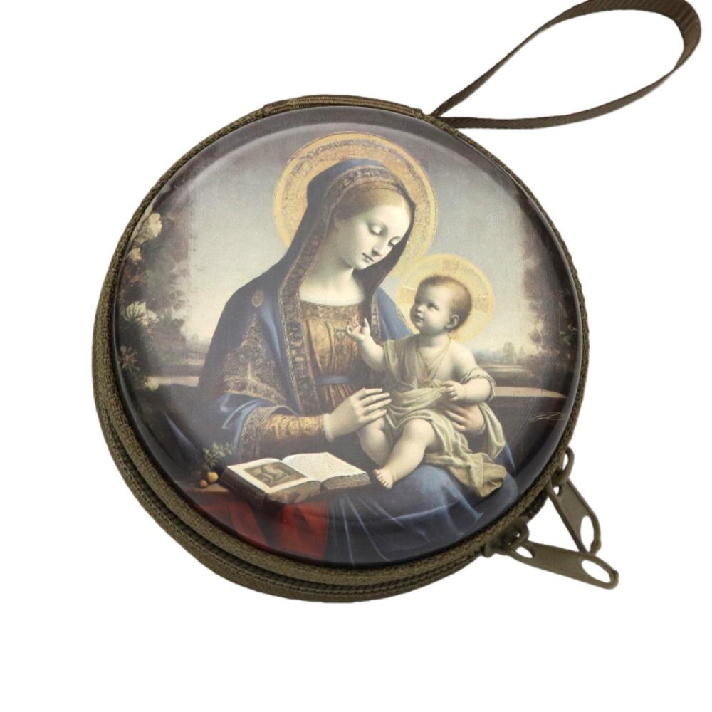 Virgin Mary Prayer Rosary Storage Bag Round Iron Artwork Religious Jewelry Box Cartoon Elegant Religious Articles Catholic Use
