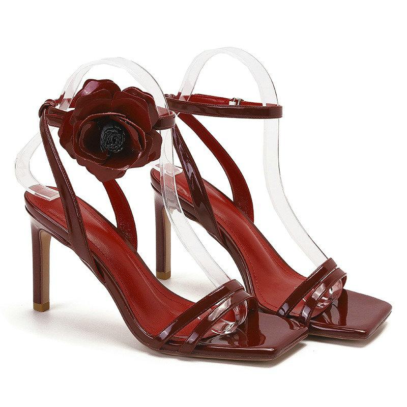 Fashion 2025 New Niche Designer Square Head Patent Leather Flower Open-Toe Line With High Heel Sandals Large Size 42.43