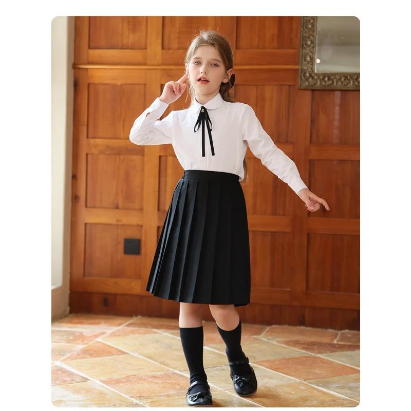 Anti-wrinkle Kids Girls Pleated Skirt Solid Color Midi Length Preppy Style Versatile Casual School Skirt for Girls Daily Wear