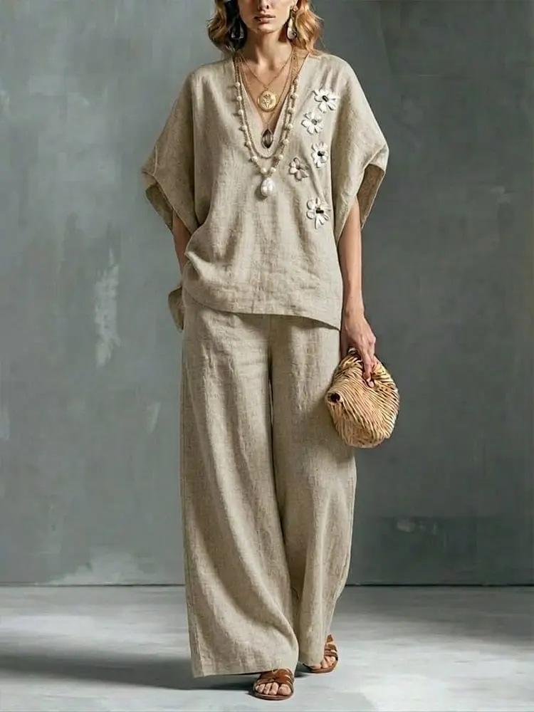 2026 new cross-border foreign trade ladies 2-piece set large size cotton and linen casual suit high waist loose trousers