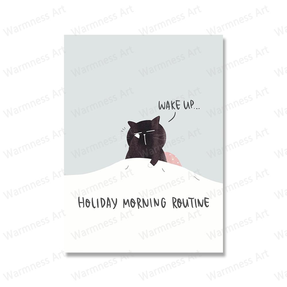 Funny Cute Black Cat Eat Foods Poster Nordic Wall Art Canvas Painting Prints Cartoon Animal Pictures For Living Room Home Decor No Frame