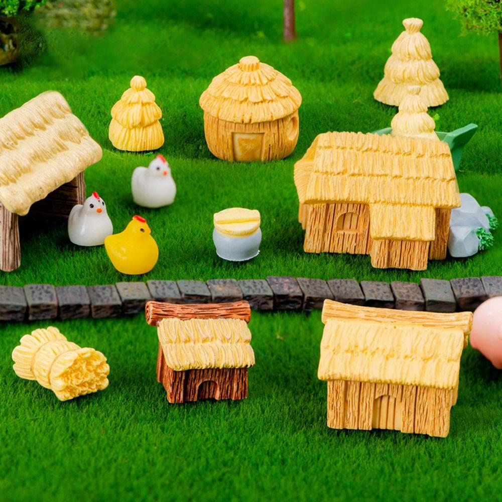 

Rural Style Thatched Cottage Micro Landscape Mini Small House Statue Mini Village Houses Car