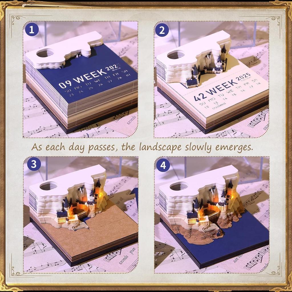 3D Memo Pads Calendar 2026,Magic Castle 3D DIY Art Memo Pad with Lights,Time Piece Calendar 2025 Tear Away Carving Sticky DIY Post Craft(Magic Castle)