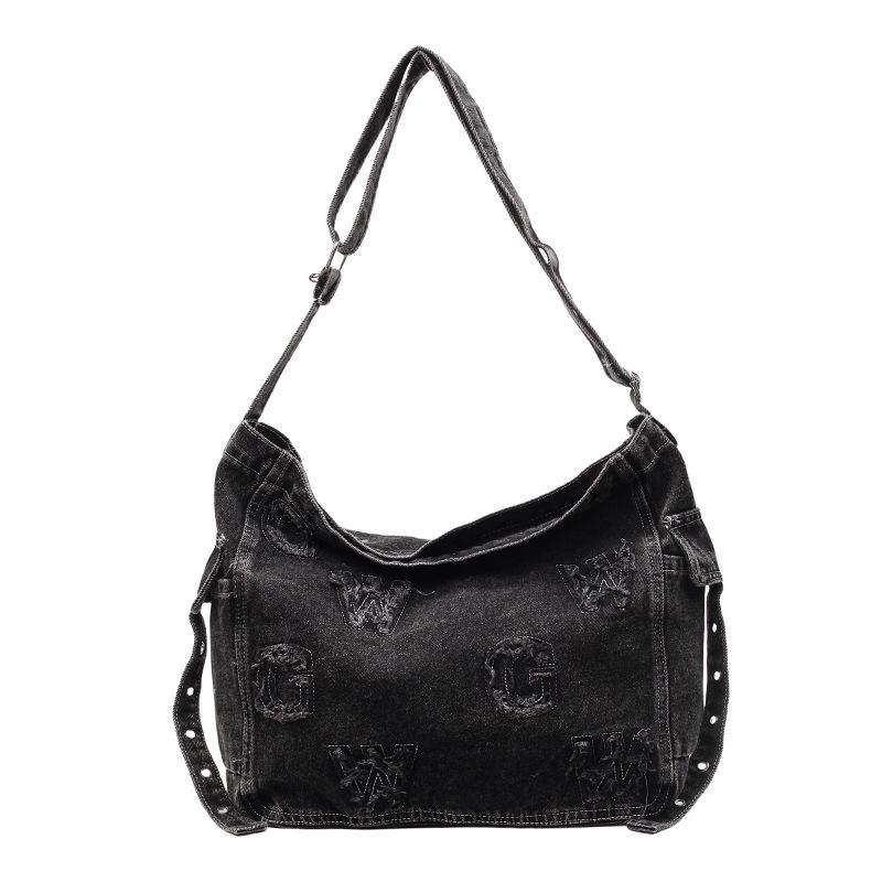 

Джинсовая сумка через плечо с надписью Женская сумка кроссбоди Большая вместительная сумка-тоут чёрный