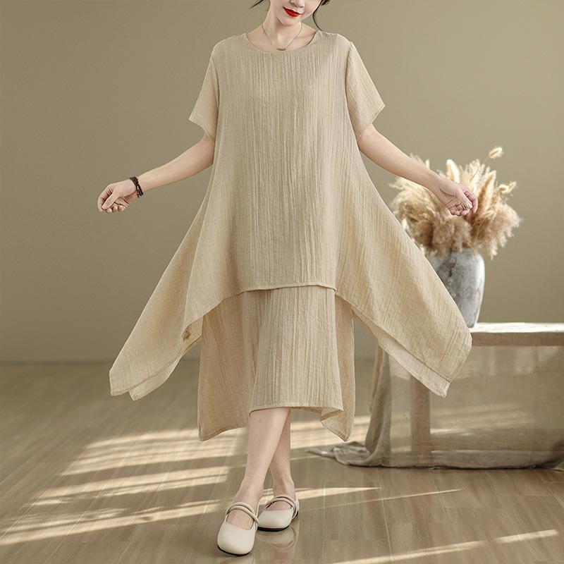 

Женские летние новые свободные платья из однотонной хлопчатобумажной пряжи с круглым вырезом и коротким рукавом 2XL