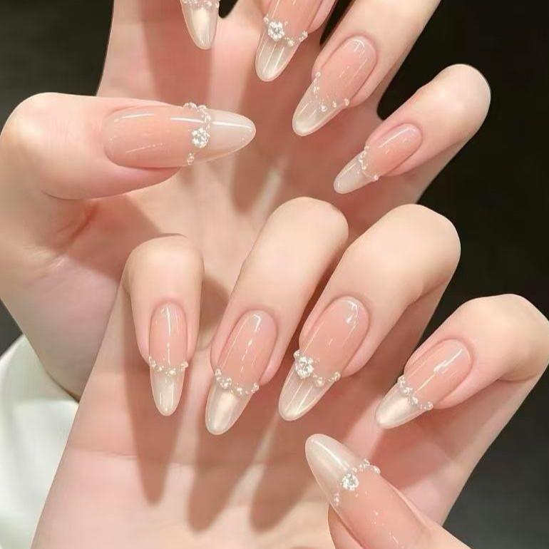 Elegant Long Wedding Nails: Light Luxury Press-Ons with Pearl Flowers for a Fairer Look. Perfect for Autumn Travel Makeup. Removable Nail Art.