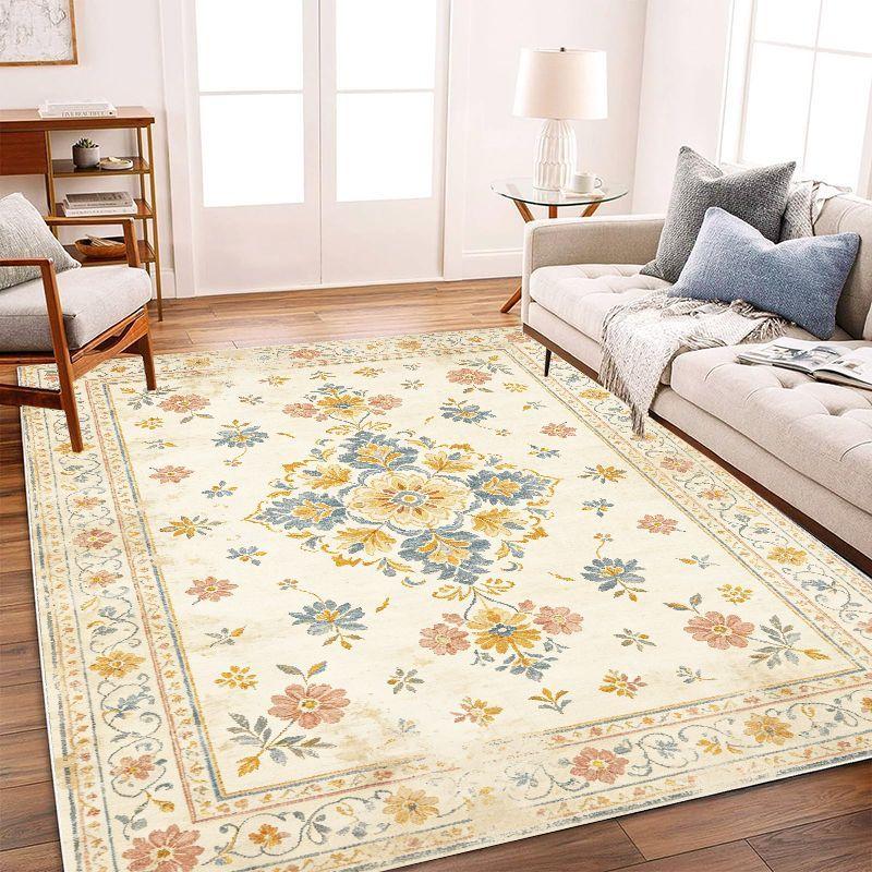 Retro Countryside Flower Area Rug Soft Non Slip Washable Floor Carpet for Living Room Bedroom Study Home Decor