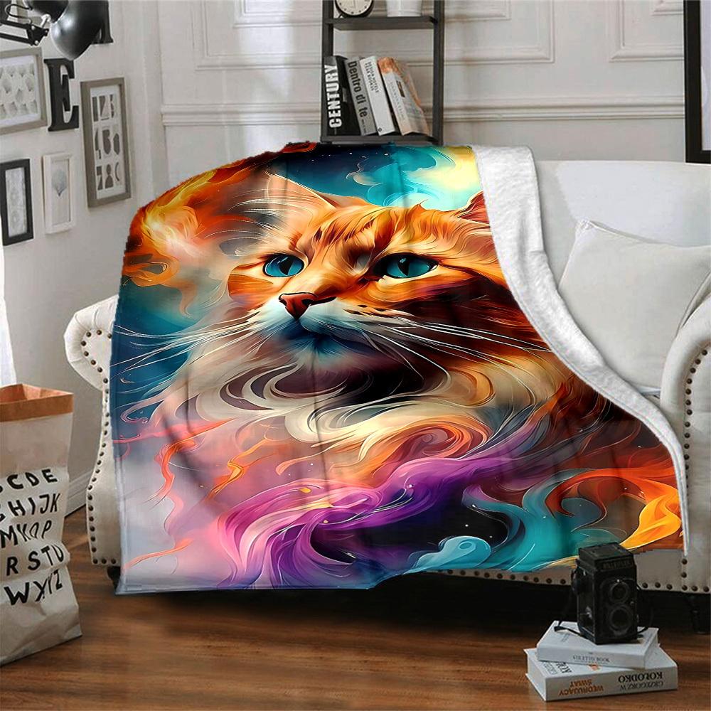 1pc Feline Whimsy Print Blanket Lightweight Flannel Throw Blanket For Sofa, Bed, Living Room, Office, Outdoor Travel, Camping