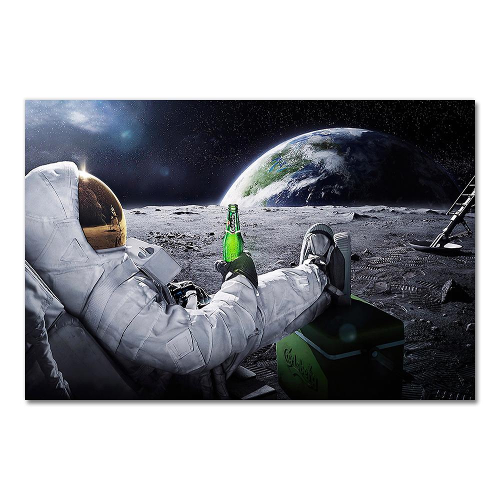 Wall Art HD Printed Canvas Painting Beers Outer Space Earth Astronauts Moon Cuadros Poster Prints Wall Pictures for Home Decor