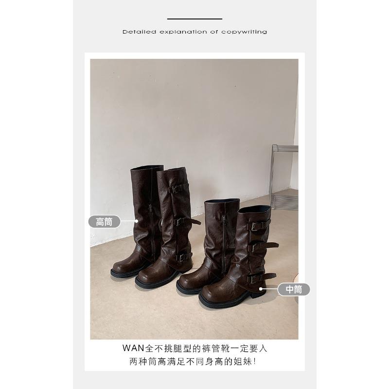 thick-soled thick-heeled medium tube pants tube boots women's new autumn western cowboy slim big tube circumference high tube Martin boots