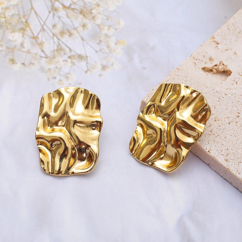 Cold wind stainless steel stud earrings niche design titanium steel K gold irregular square pleated earrings