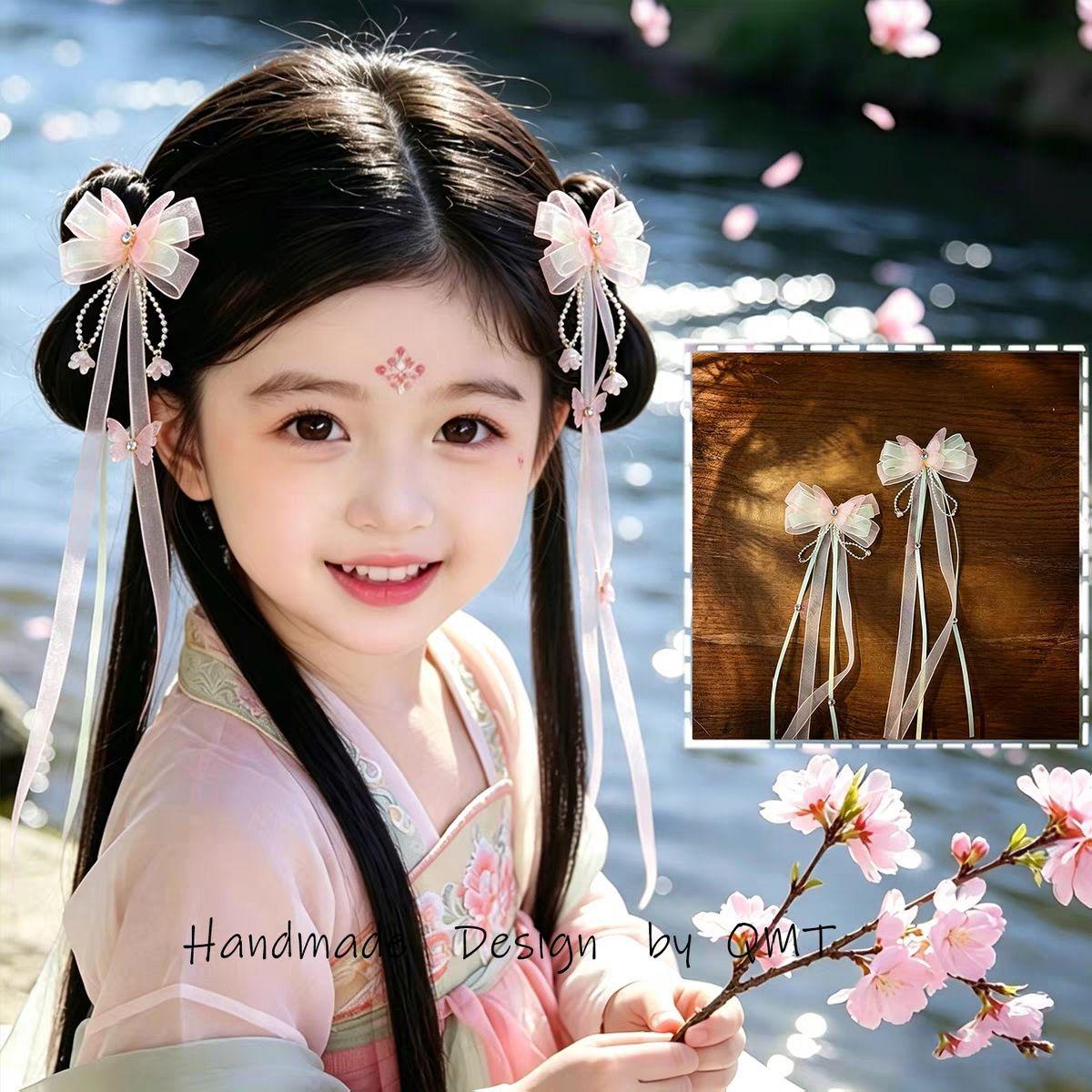 Pink Butterfly Tassel Ribbon Hanfu Headwear for Girls - Fairy Princess Chinese Style Costume Accessory