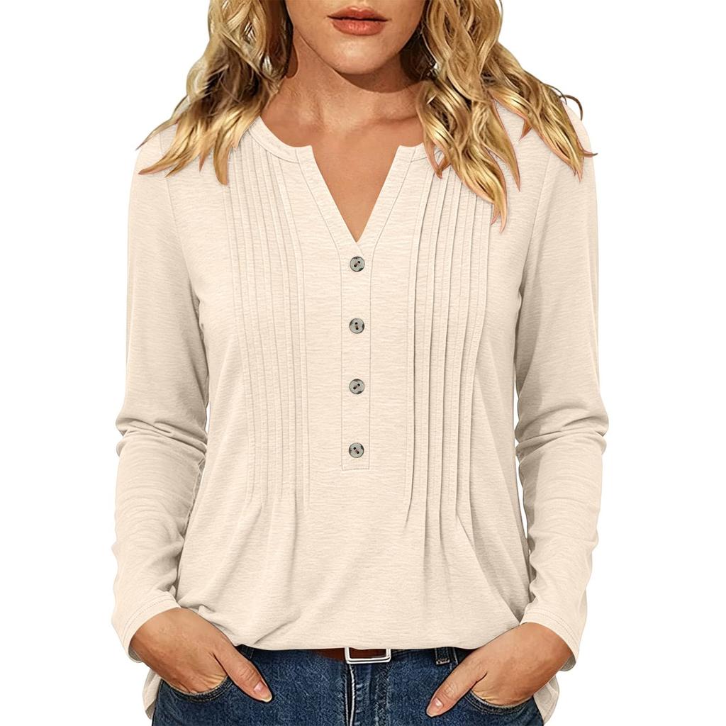 Women's Casual Long Sleeve Shirt with Pleated V-Neck for Everyday Wear