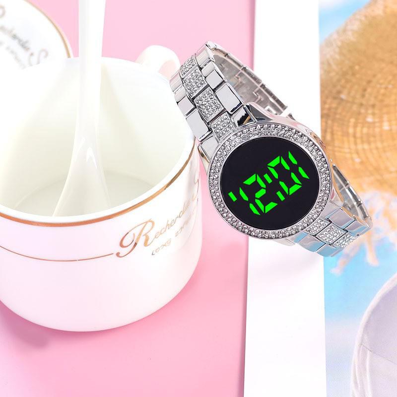 Korean Minimalist Diamond-Set LED Women's Steel Band Wristwatch - Casual Fashion Electronic Round Watch