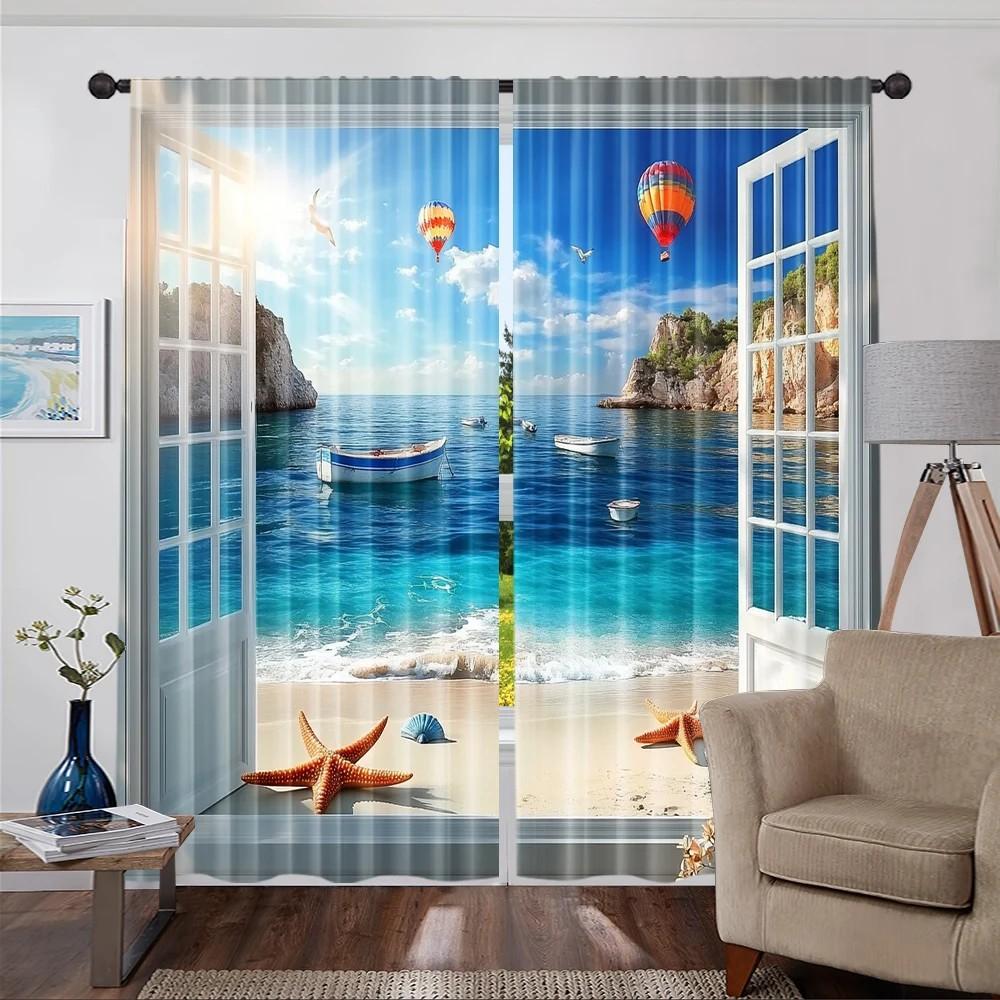 

2pcs Scenic Seascape Curtains Polyester Beach/Holiday Window Decor Coastal Home Decor Rod Pocket 100*130 Grommet Top 1pcs