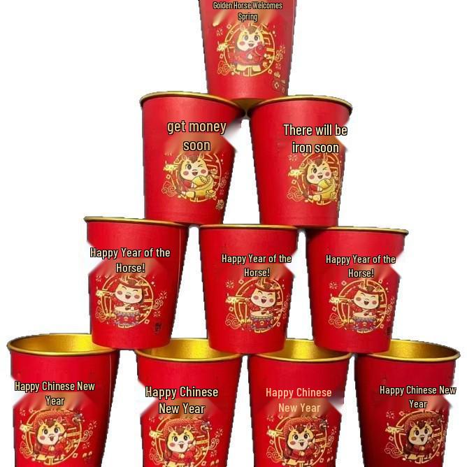 Rote festliche Neujahrspferd-Papierbecher mit Goldfolie - Verdickt für Frühlingsfest-Feierlichkeiten.