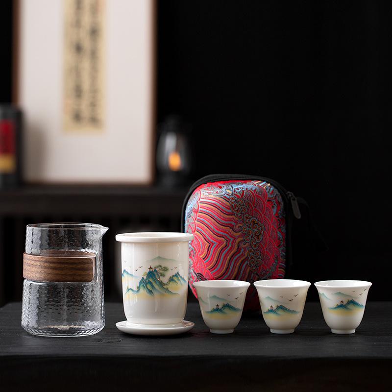 Suet Jade White Porcelain Travel Tea Set, One Pot, Three Cups, Simple Express Cup, Ceramic Portable Bag, Outdoor Souvenir
