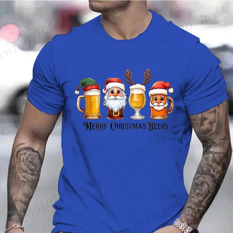 Cotton Funny Christmas Drinking T-Shirt  Merry Christmas Santa Beer Print T-Shirt Men Fashion Casual Short Sleeves Breathable Tshirt Tees Tops
